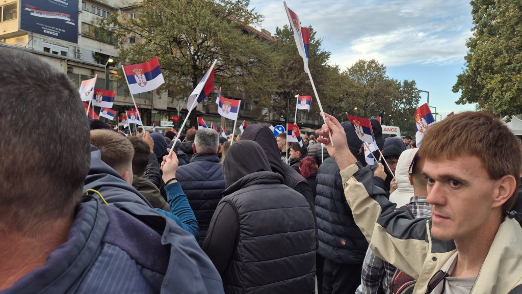 Pristalice SNS sa zastavicama