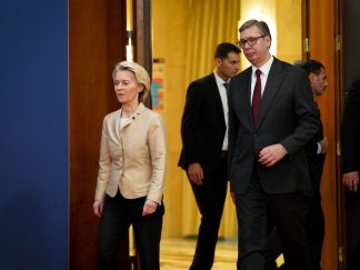 Predsednica Evropske komisije Ursula fon der Lajen i predsednik Srbije Aleksandar Vučić u Beogradu, 15. oktobra 2025.
