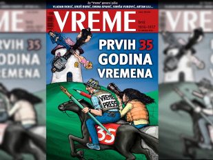 Na ilustrraciji Vladimira Stankovskog novinari na konjima jurišaju na vetrenjače