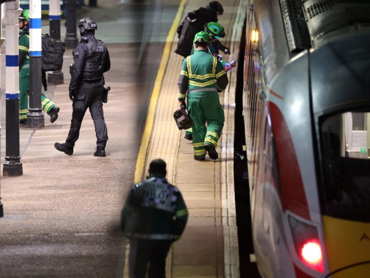 Hitne službe pregledaju voz na železničkoj stanici Hantingdon, u Engleskoj, u Kembridžširu, nakon što su ljudi izbodeni nožem.