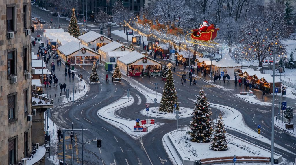 Ćacičend sa ukrašenim jelkama i letećim Deda Mrazom