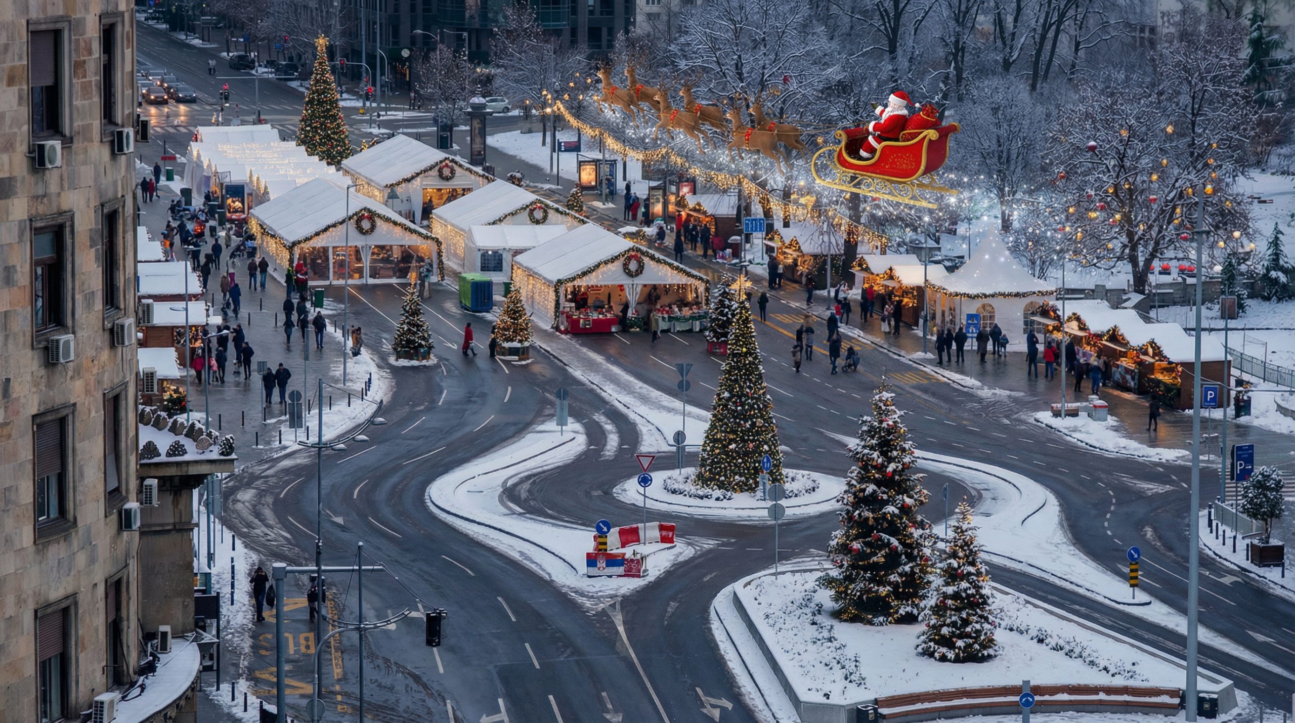 Ćacičend sa ukrašenim jelkama i letećim Deda Mrazom