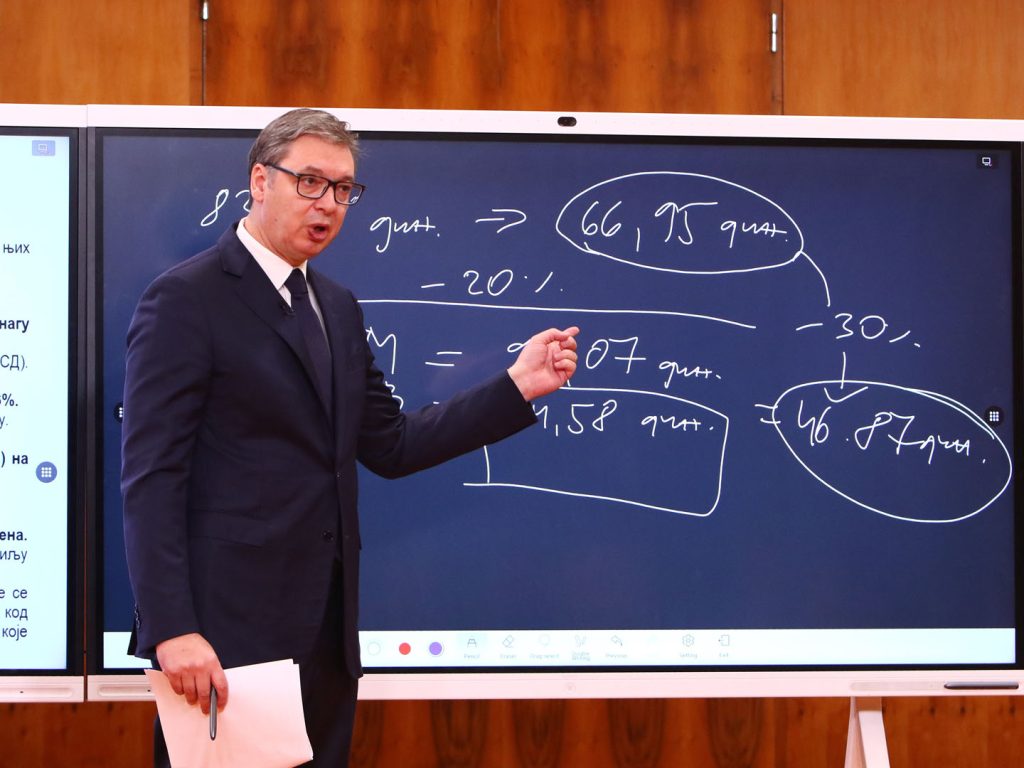 Aleksandar Vučić ispred table ispisane ekonomskim pokazateljima
