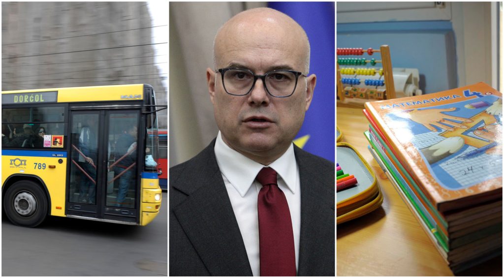 Kolaž: autobus, miloš vučević, đački sto s knjigama