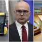 Kolaž: autobus, miloš vučević, đački sto s knjigama