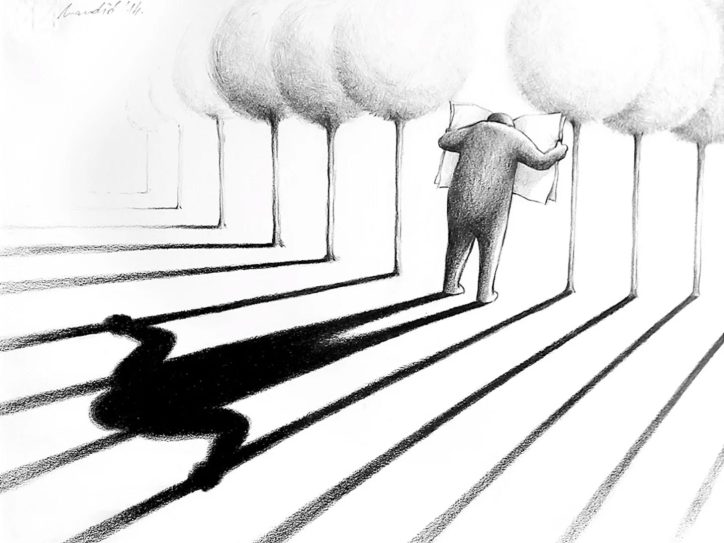 Ilustracija čoveka koji se drži za stabla, a u senci je zatvorenik