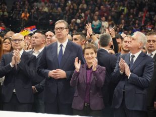 Vučić, Brnabić, Vučević, SNS skup Arena