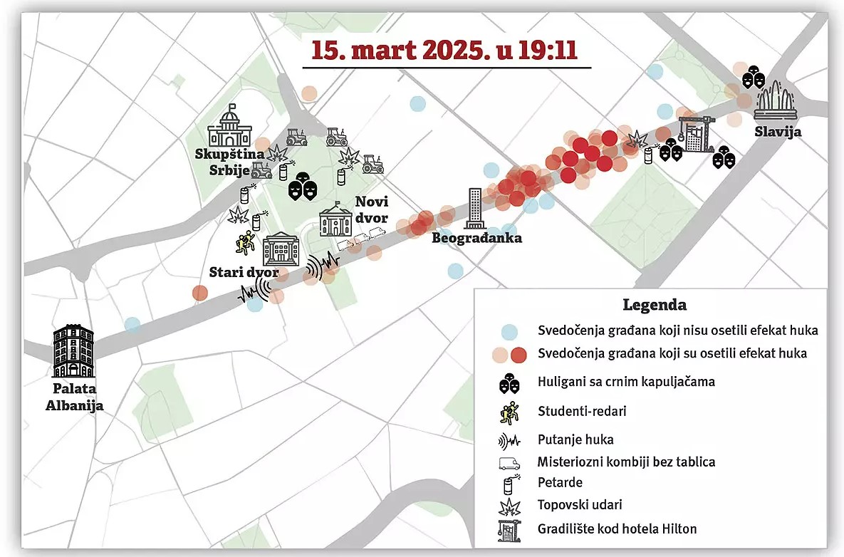 Grafika koja pokazuje epicentar huka od 15. marta 2025.
