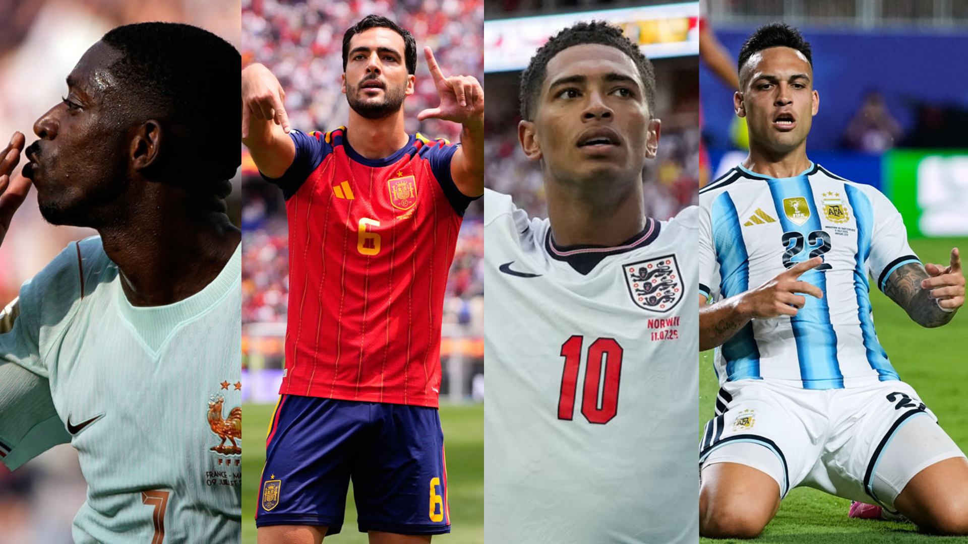 Polufinale Svetskog prvenstva 2026. ilustracija: Usman Dembele (Francuska), Mikel Merino (Španija), Džud Belingem (Engleska), Lautaro Martinez (Argentina))
